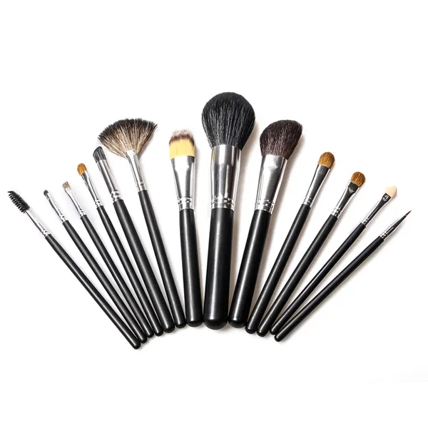 Detailed view of the Elegant Black Makeup Brush Set with wooden handles