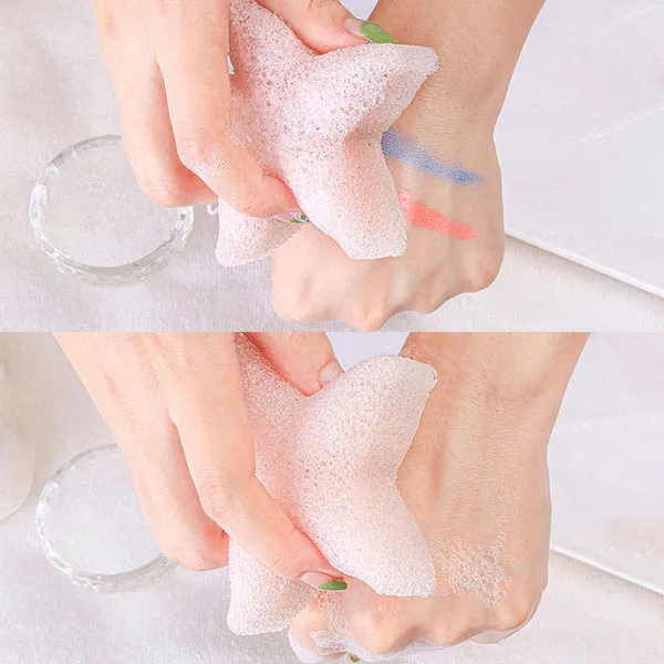 Natural Konjac Star Sponge in water demonstrating its use